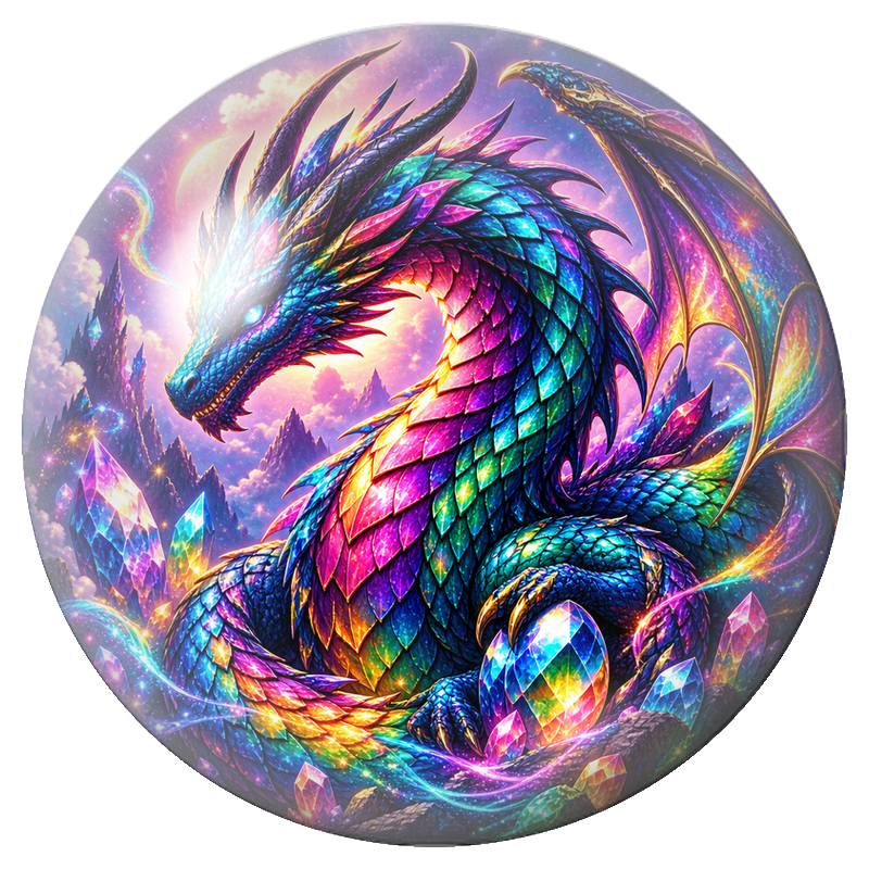 Cabochon en Verre Illustré Dragon Arc-en-Ciel et Cristaux Cosmiques 12 à 25mm