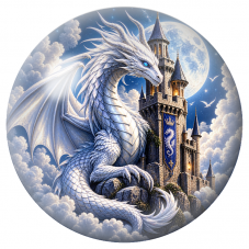 Cabochon en Verre Illustré Dragon Blanc devant le Château de la Lune 12 à 25mm pour la Création de Bijoux Fantaisie - DIY