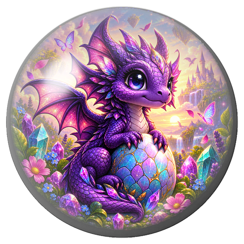 Cabochon en Verre Illustré Bébé Dragon Violet et Œuf de Cristal 12 à 25mm