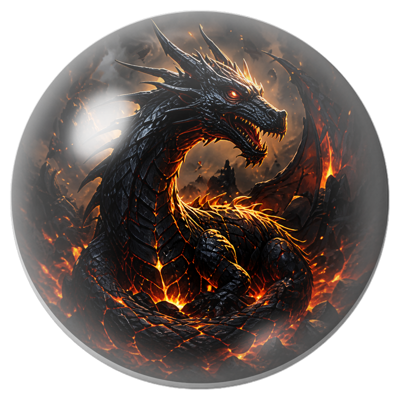 Cabochon en Verre Illustré Dragon Noir dans la Lave 12 à 25mm