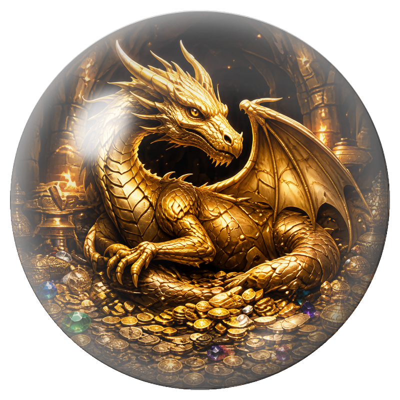 Cabochon en Verre Illustré Dragon Doré sur son Trésor 12 à 25mm