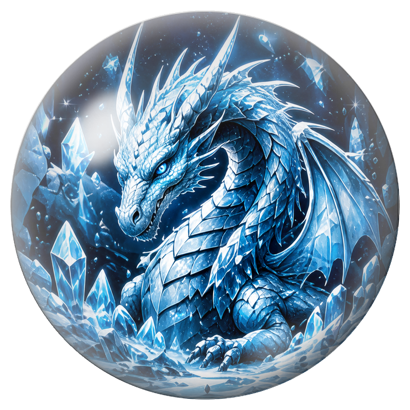 Cabochon en Verre Illustré Dragon de Glace aux Cristaux Bleus 12 à 25mm