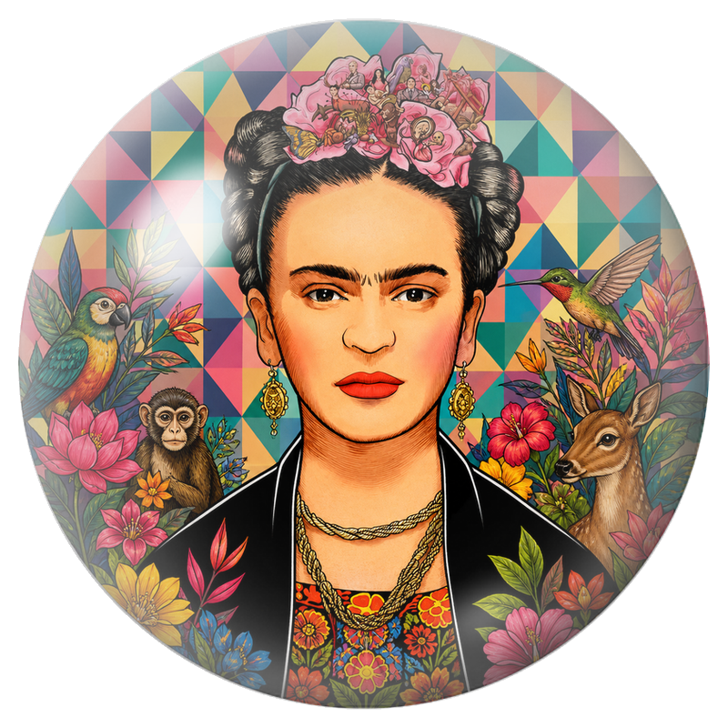 Cabochon en Verre Illustré Frida et Faune sur Mosaïque Colorée 12 à 25mm