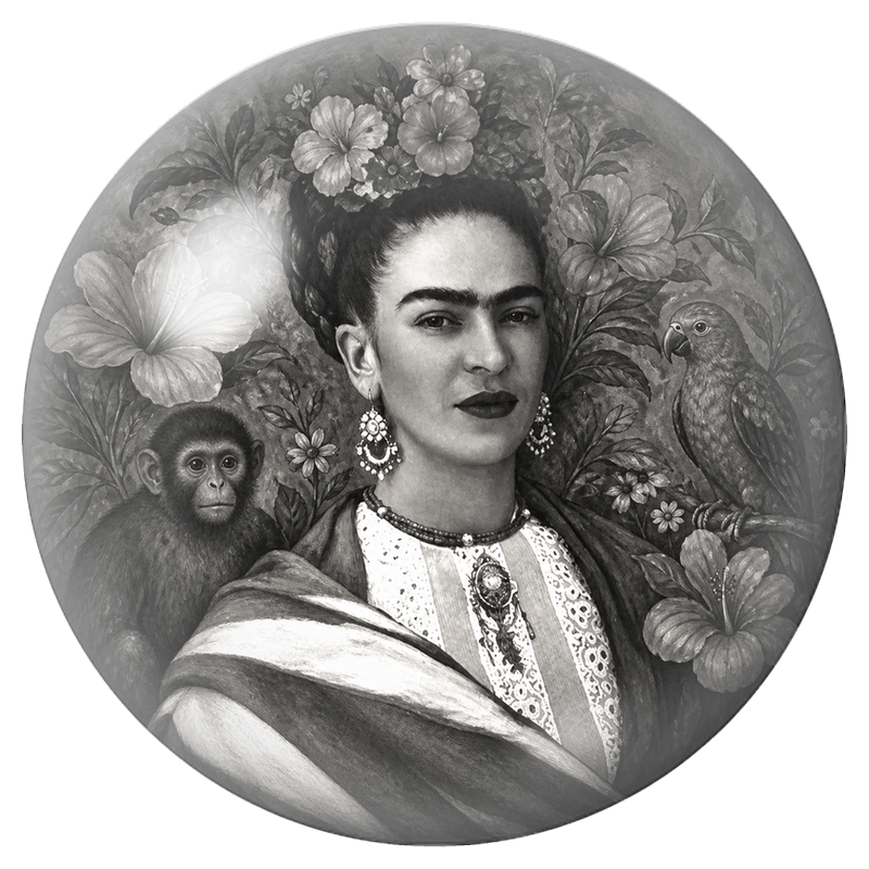 Cabochon en Verre Illustré Frida avec Singe et Perroquet en Noir et Blanc 12 à 25mm