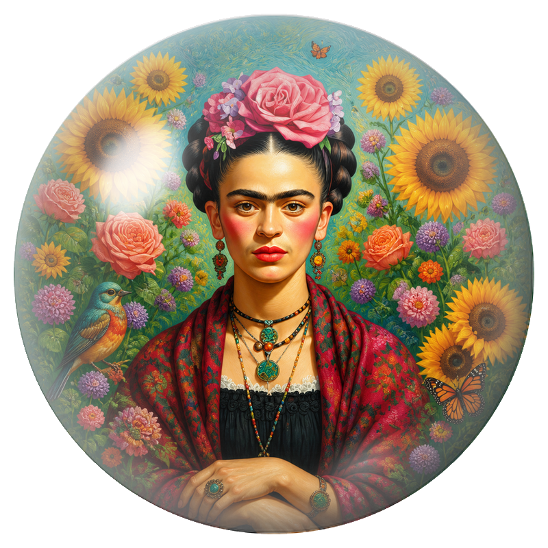 Cabochon en Verre Illustré Frida dans un Jardin de Tournesols 12 à 25mm