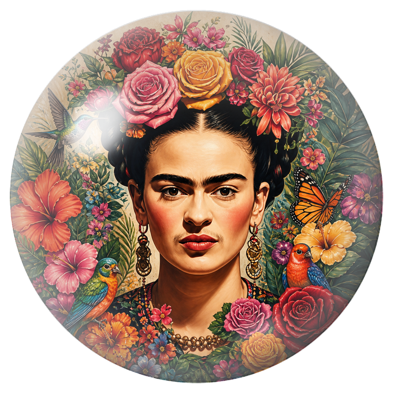 Cabochon en Verre Illustré Frida aux Roses et Oiseaux Colorés 12 à 25mm