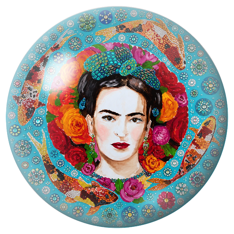 Cabochon en Verre Illustré Frida aux Carpes Koï et Gemmes Turquoise 12 à 25mm