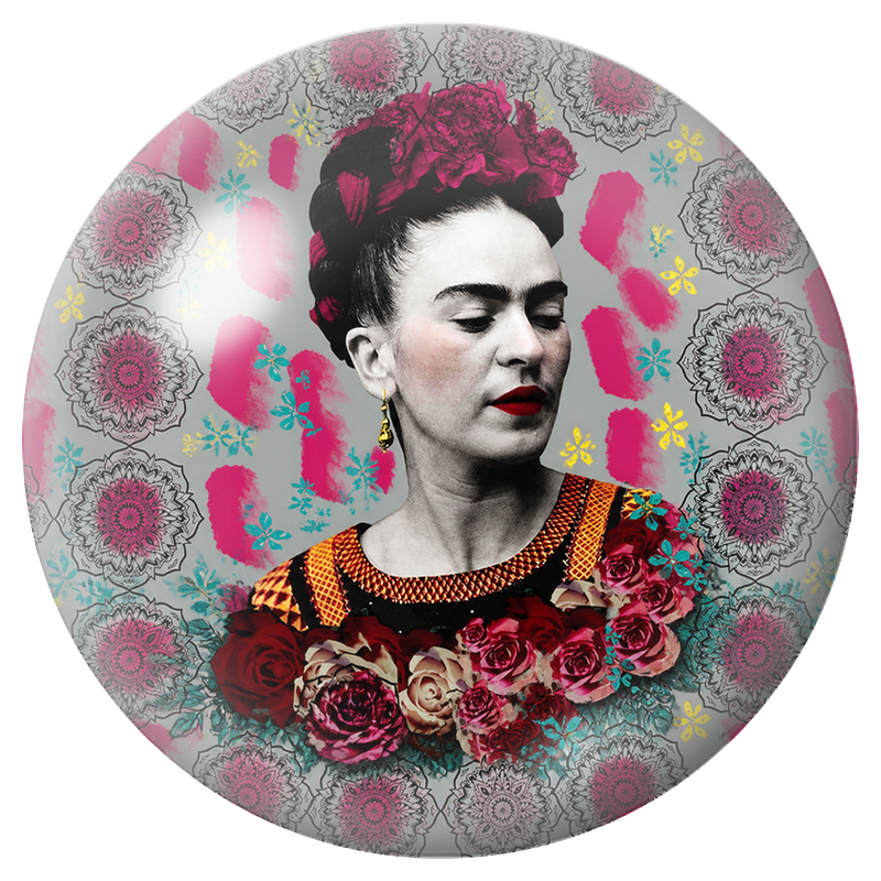 Cabochon en Verre Illustré Frida aux Roses sur Mandalas Roses 12 à 25mm