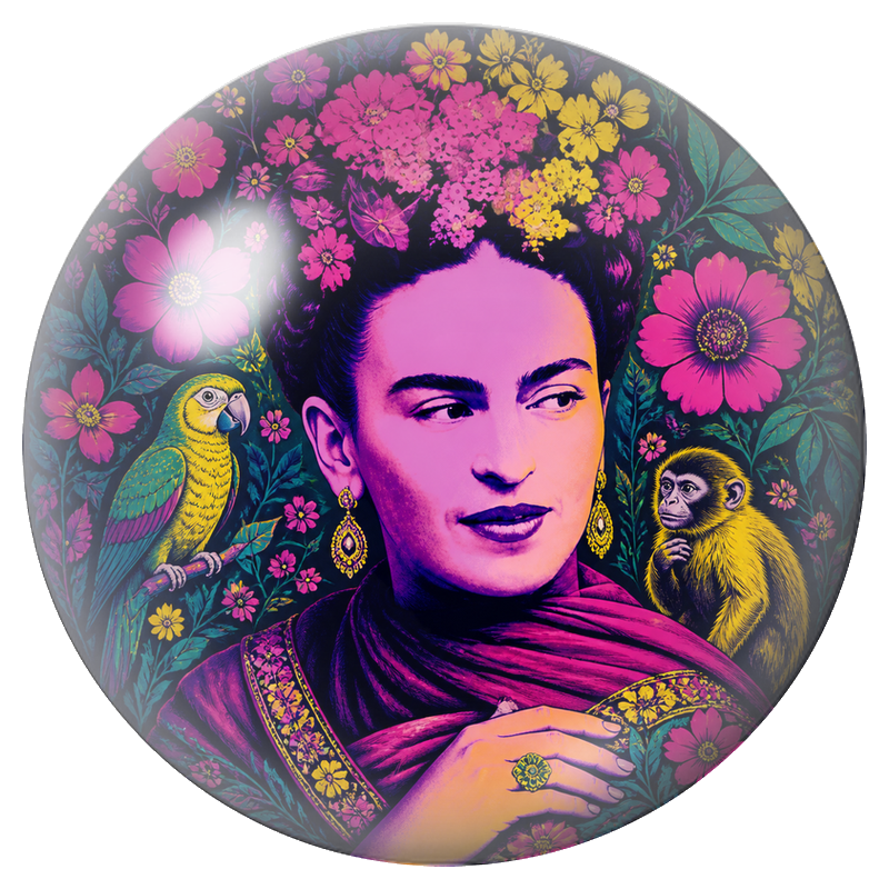 Cabochon en Verre Illustré Frida avec Perroquet et Singe en Rose Néon 12 à 25mm