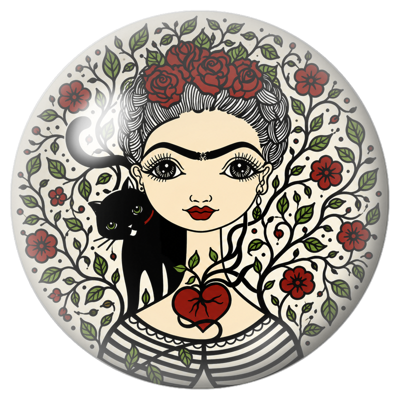 Cabochon en Verre Illustré Frida au Chat Noir et Cœur Rouge 12 à 25mm