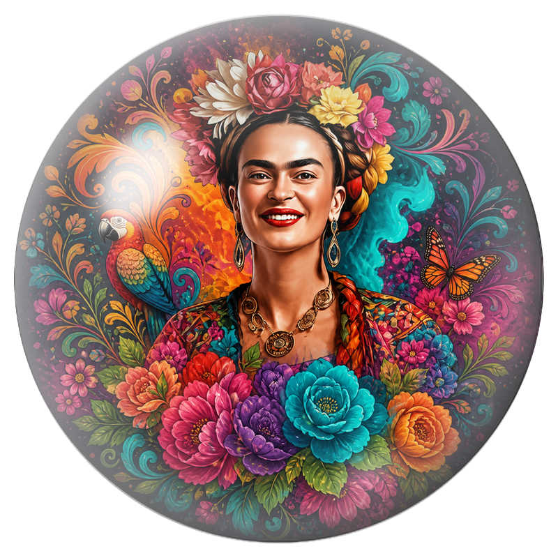 Cabochon en Verre Illustré Frida Souriant avec Ara et Papillon 12 à 25mm