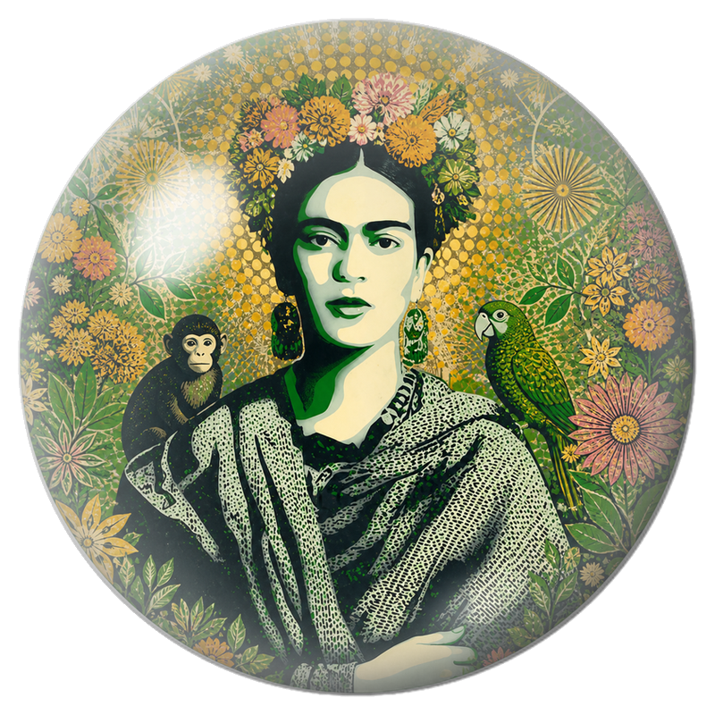 Cabochon en Verre Illustré Frida Verte avec Singe et Perroquet 12 à 25mm