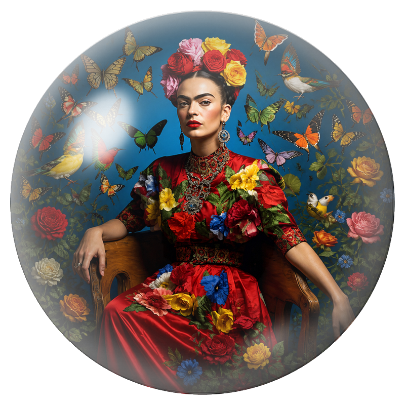 Cabochon en Verre Illustré Frida en Robe Rouge parmi Papillons et Oiseaux 12 à 25mm