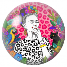 Cabochon en Verre Illustré Frida Fumant avec Ara et Chat Noir 12 à 25mm pour la Création de Bijoux Fantaisie - DIY