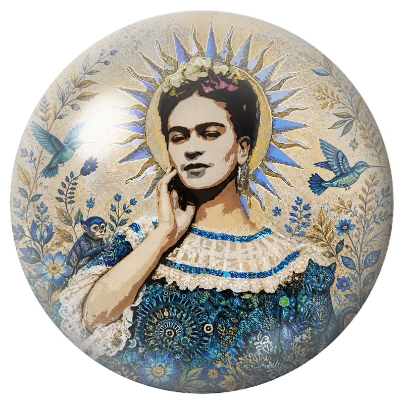 Cabochon en Verre Illustré Frida Solaire avec Colibris, Singe et Chat 12 à 25mm