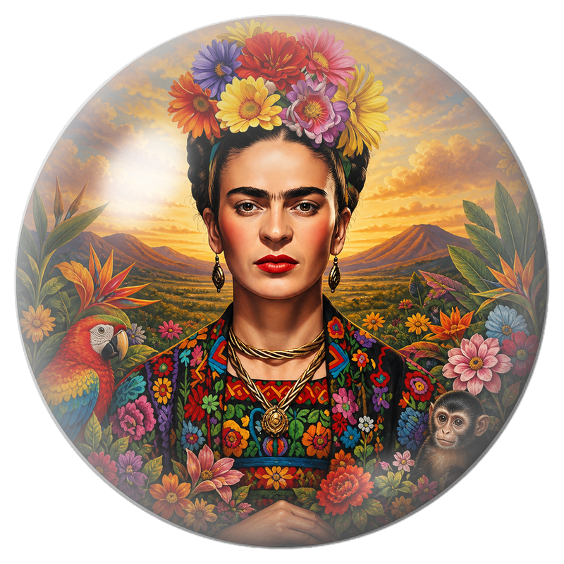 Cabochon en Verre Illustré Frida au Coucher de Soleil avec Ara et Singe 12 à 25mm