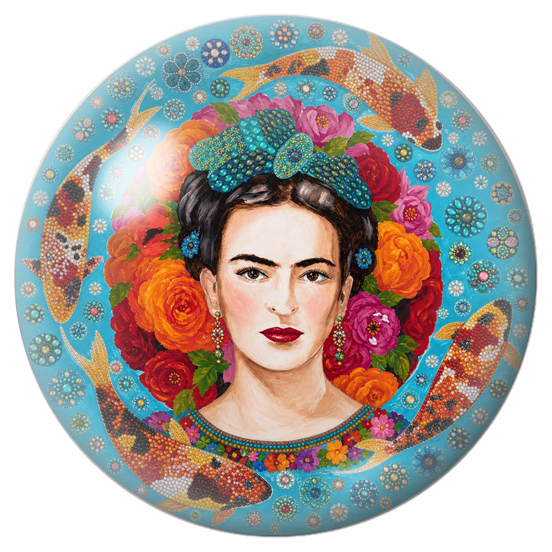 Cabochon en Verre Illustré Frida aux Carpes Koï dans un Écrin Turquoise 12 à 25mm