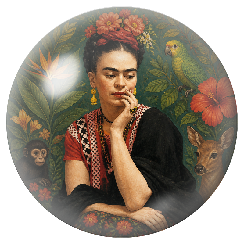 Cabochon en Verre Illustré Frida Songeuse avec Singe, Perroquet et Faon 12 à 25mm