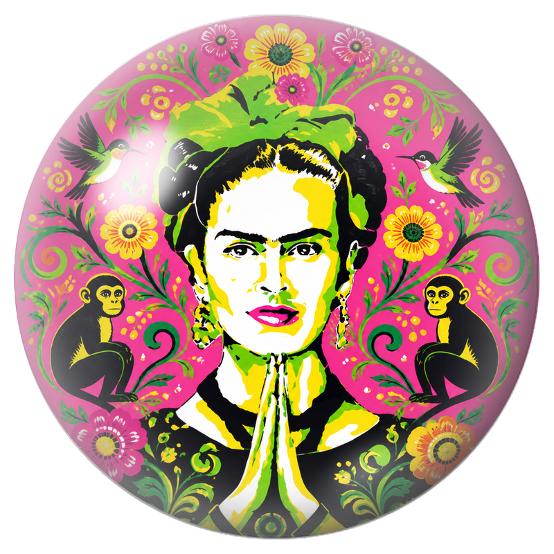 Cabochon en Verre Illustré Frida en Prière avec Singes et Colibris 12 à 25mm