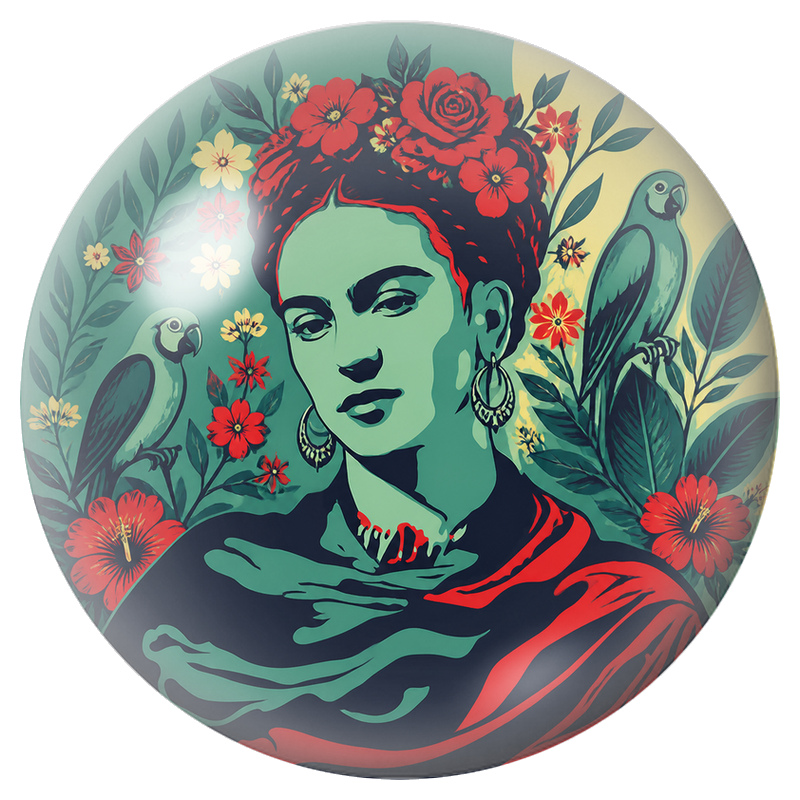 Cabochon en Verre Illustré Frida Verte aux Perroquets et Fleurs Rouges 12 à 25mm