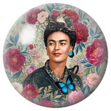 Cabochon en Verre Illustré Frida aux Pivoines et Papillons Bleus 12 à 25mm pour la Création de Bijoux Fantaisie - DIY