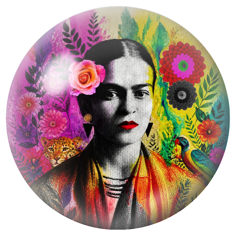 Cabochon en Verre Illustré Frida avec Jaguar et Perroquet en Couleurs 12 à 25mm