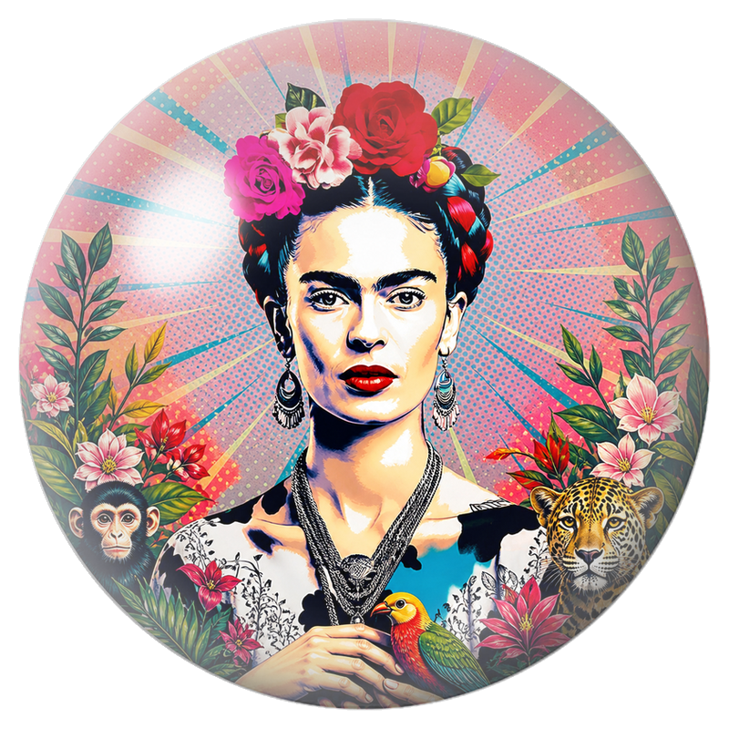 Cabochon en Verre Illustré Frida avec Singe, Jaguar et Oiseau Tropical 12 à 25mm