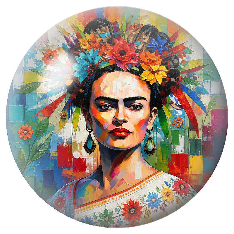 Cabochon en Verre Illustré Frida en Mosaïque sur Fond Abstrait Coloré 12 à 25mm