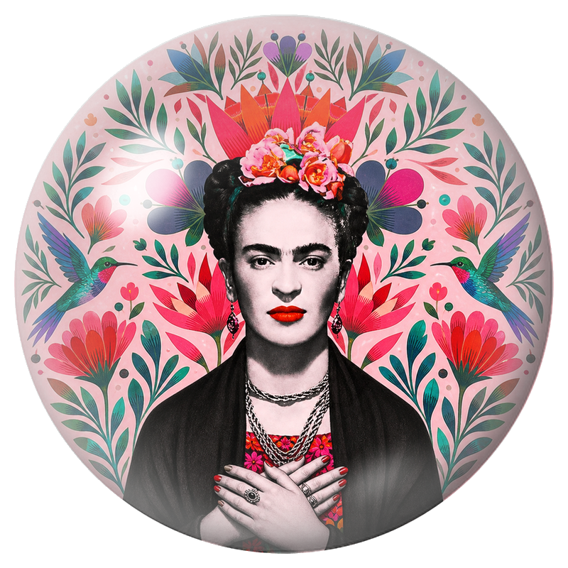 Cabochon en Verre Illustré Frida au Cœur Fleuri avec Deux Colibris 12 à 25mm
