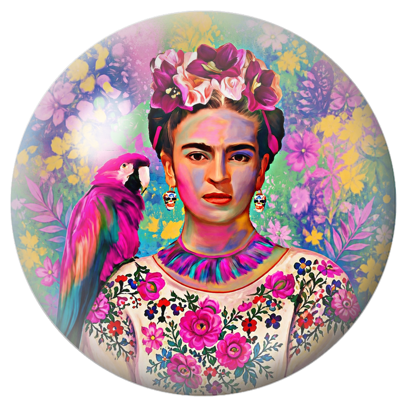 Cabochon en Verre Illustré Frida Colorée avec Ara Rose 12 à 25mm