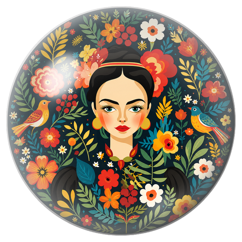 Cabochon en Verre Illustré Frida Folk aux Oiseaux et Fleurs Colorées 12 à 25mm