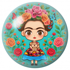 Cabochon en Verre Illustré Frida Kawaii au Petit Singe et aux Roses 12 à 25mm pour la Création de Bijoux Fantaisie - DIY