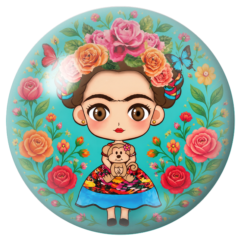 Cabochon en Verre Illustré Frida Kawaii au Petit Singe et aux Roses 12 à 25mm