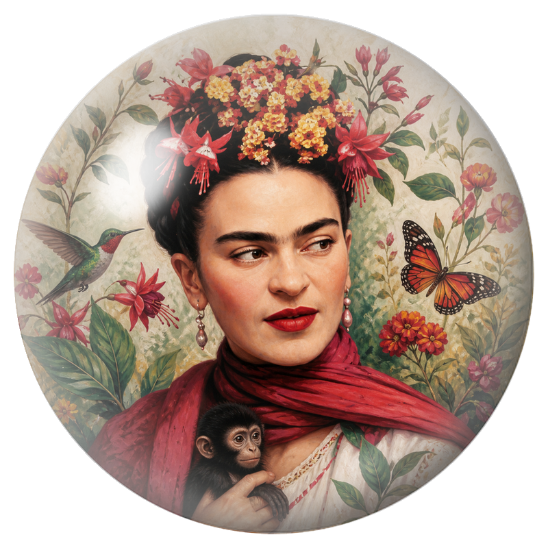 Cabochon en Verre Illustré Frida au Jeune Singe avec Colibri et Papillon 12 à 25mm