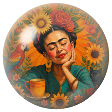 Cabochon en Verre Illustré Frida Rêveuse au Thé avec Ara et Chat Noir 12 à 25mm pour la Création de Bijoux Fantaisie - DIY