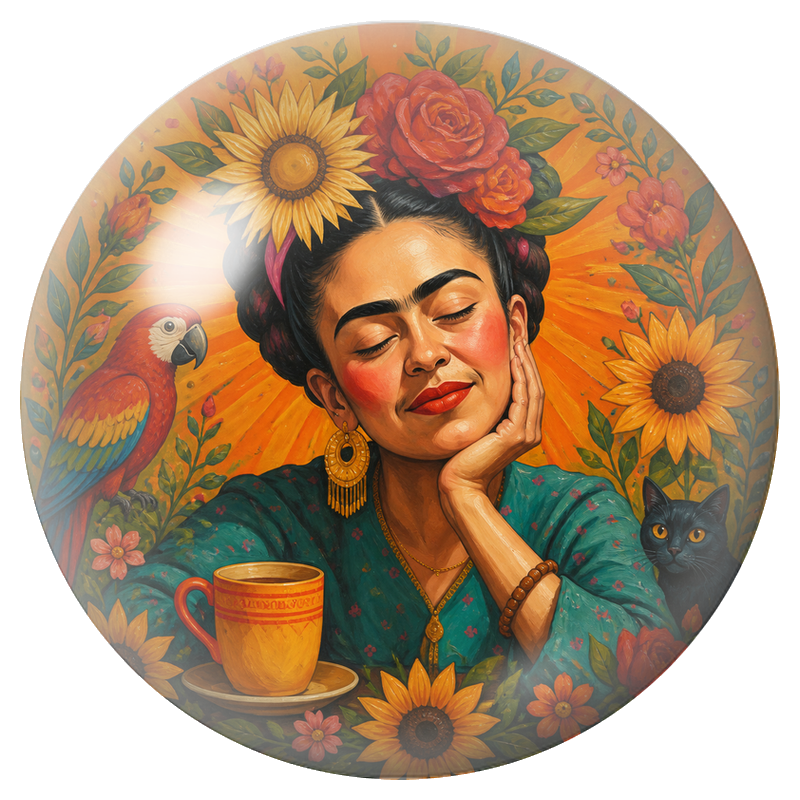 Cabochon en Verre Illustré Frida Rêveuse au Thé avec Ara et Chat Noir 12 à 25mm