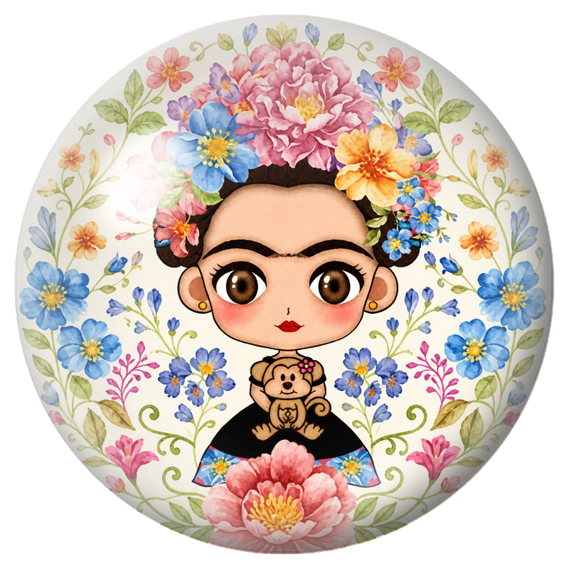Cabochon en Verre Illustré Frida Kawaii au Singe dans un Jardin Aquarelle 12 à 25mm