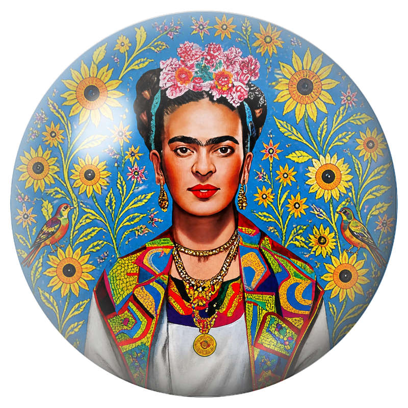 Cabochon en Verre Illustré Frida aux Tournesols sur Fond Bleu 12 à 25mm