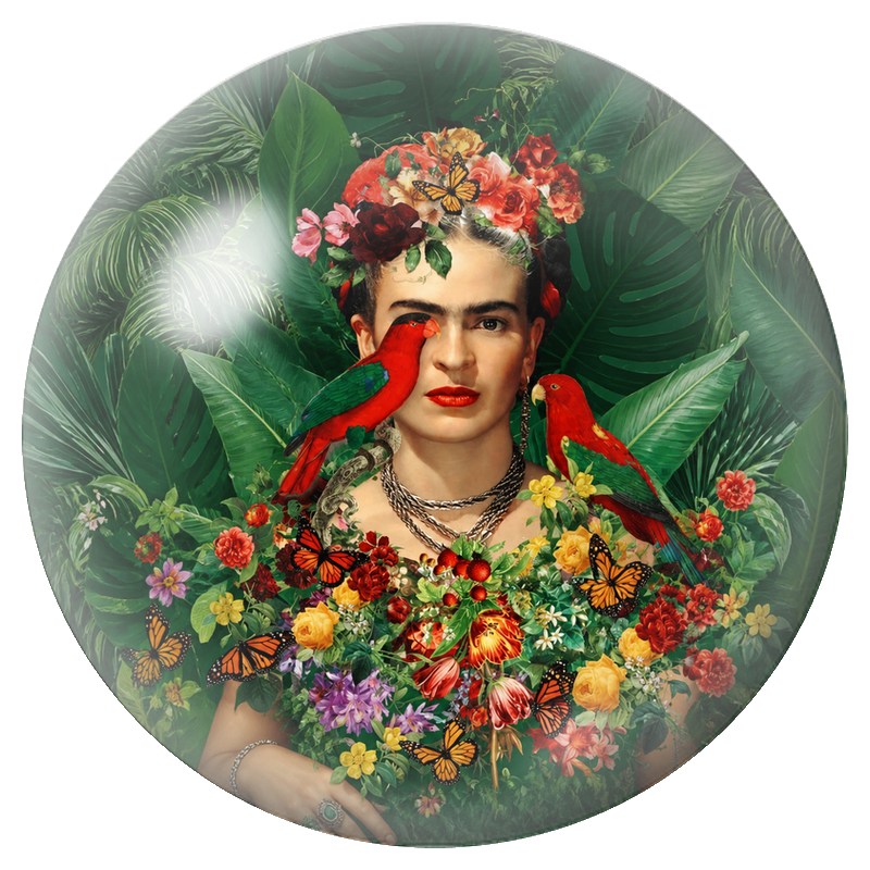 Cabochon en Verre Illustré Frida dans la Jungle aux Perroquets et Papillons 12 à 25mm