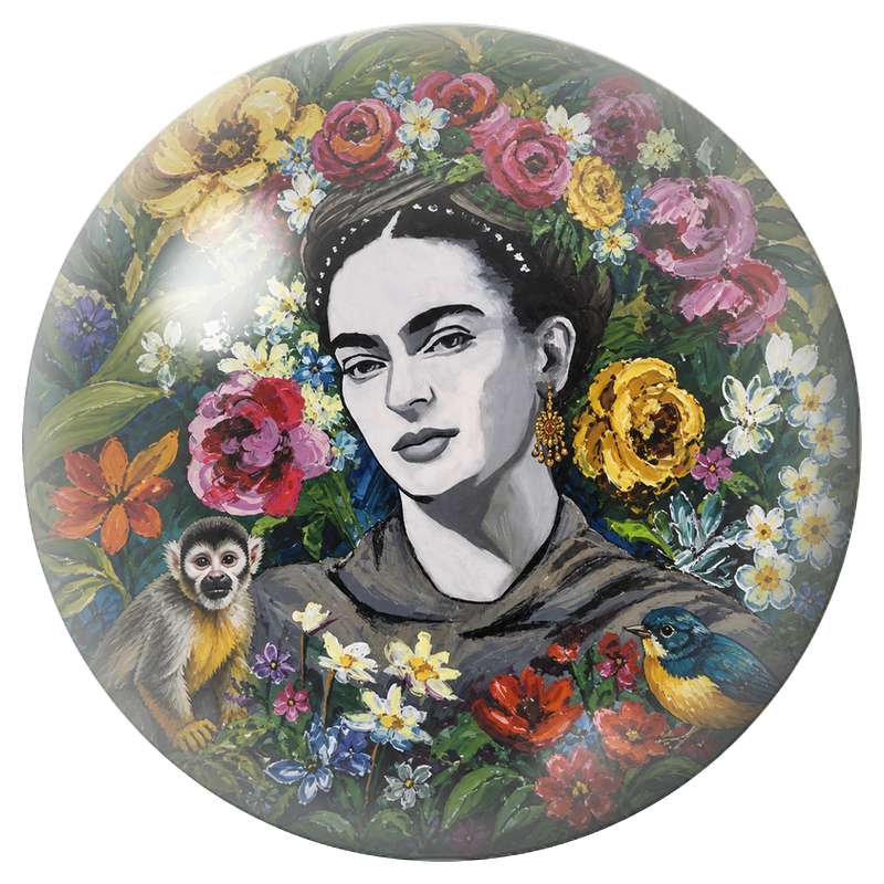 Cabochon en Verre Illustré Frida avec Singe et Oiseau dans un Jardin Peint 12 à 25mm