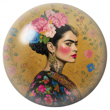 Cabochon en Verre Illustré Frida de Profil aux Pivoines sur Fond Doré 12 à 25mm pour la Création de Bijoux Fantaisie - DIY