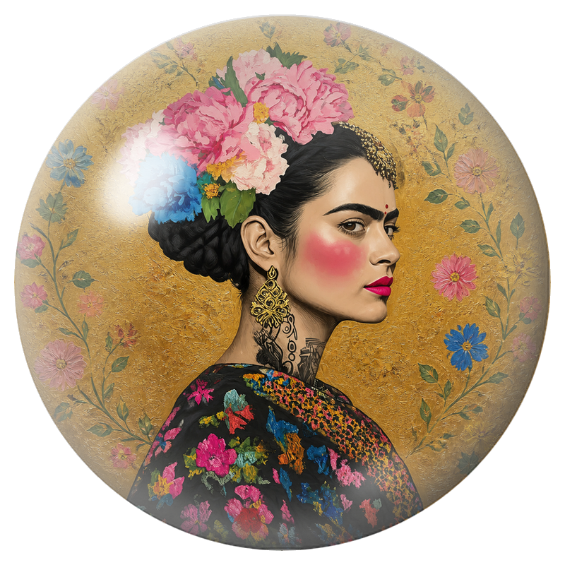 Cabochon en Verre Illustré Frida de Profil aux Pivoines sur Fond Doré 12 à 25mm