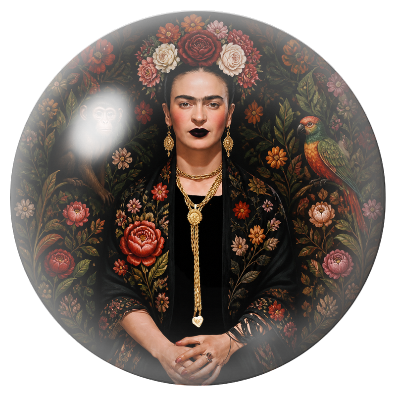 Cabochon en Verre Illustré Frida Sombre avec Singe et Perroquet 12 à 25mm