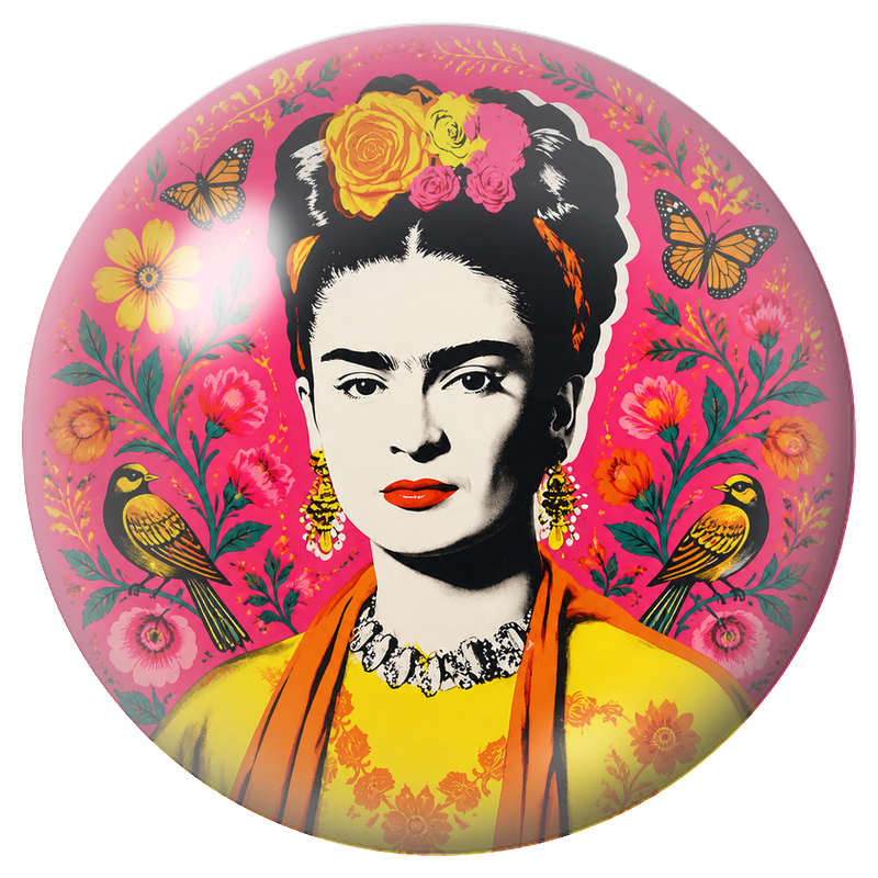 Cabochon en Verre Illustré Frida Pop aux Oiseaux et Papillons sur Fond Rose 12 à 25mm