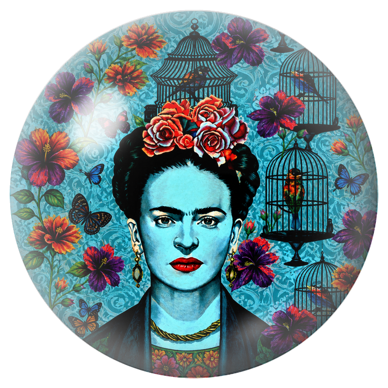 Cabochon en Verre Illustré Frida Bleue aux Oiseaux en Cage et Papillons 12 à 25mm