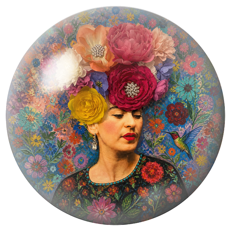 Cabochon en Verre Illustré Frida au Colibri sous une Couronne de Fleurs 12 à 25mm