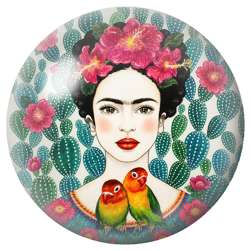 Cabochon en Verre Illustré Frida aux Hibiscus et Deux Inséparables 12 à 25mm