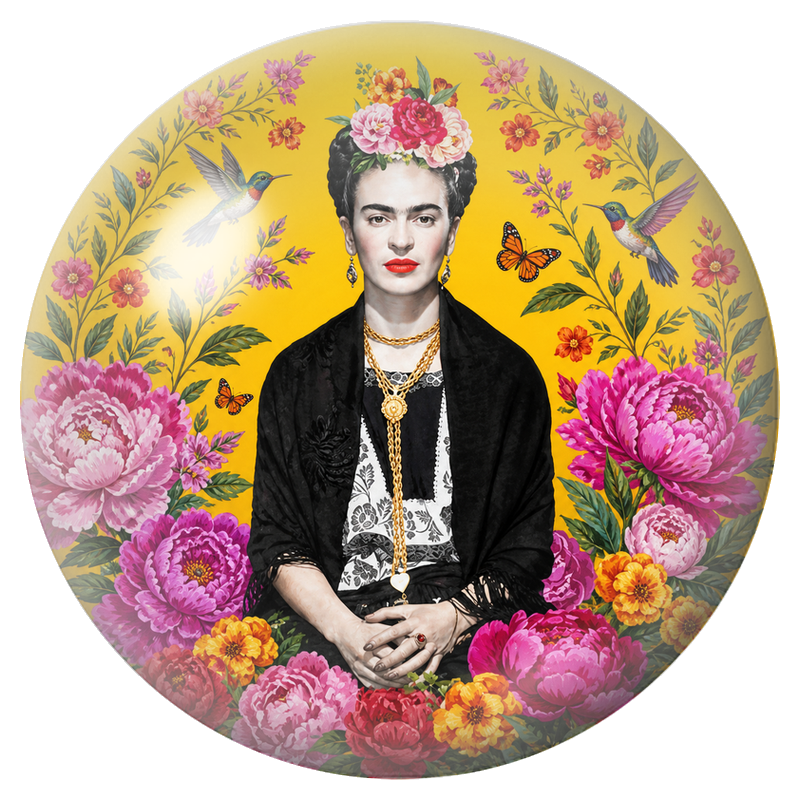 Cabochon en Verre Illustré Frida aux Pivoines, Colibris et Papillons sur Fond Jaune 12 à 25mm