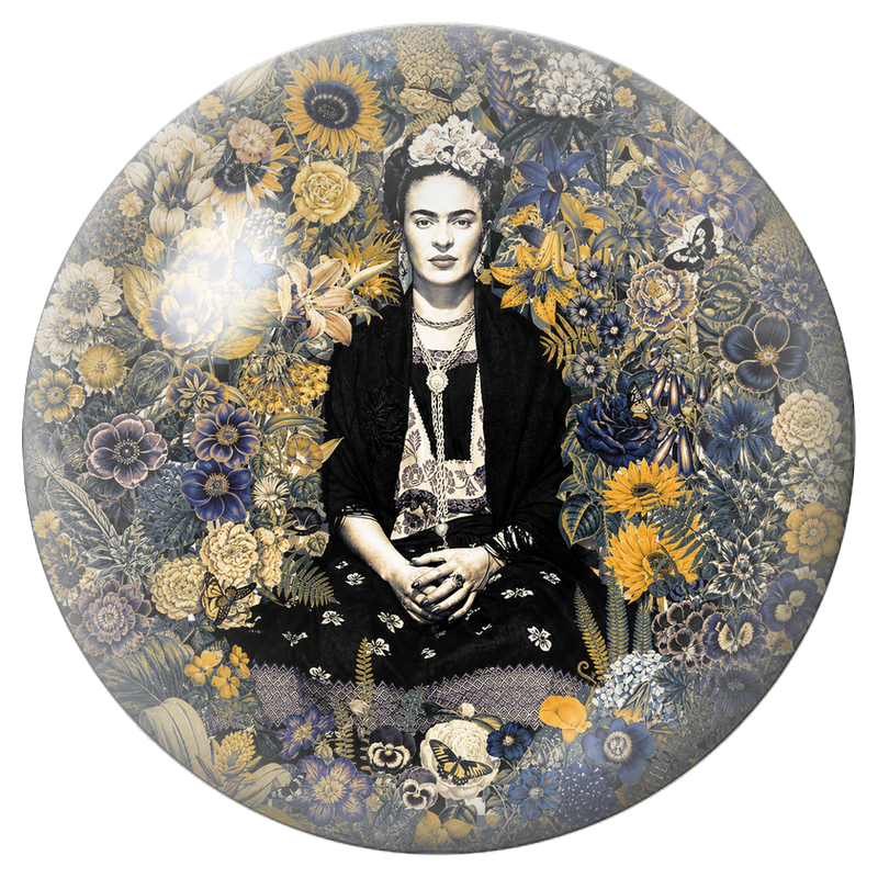 Cabochon en Verre Illustré Frida dans un Jardin Bleu et Or 12 à 25mm