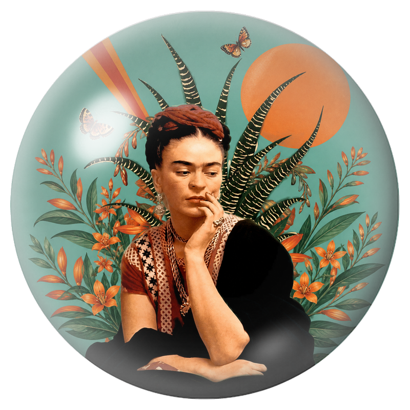 Cabochon en Verre Illustré Frida Songeuse au Soleil Orange 12 à 25mm